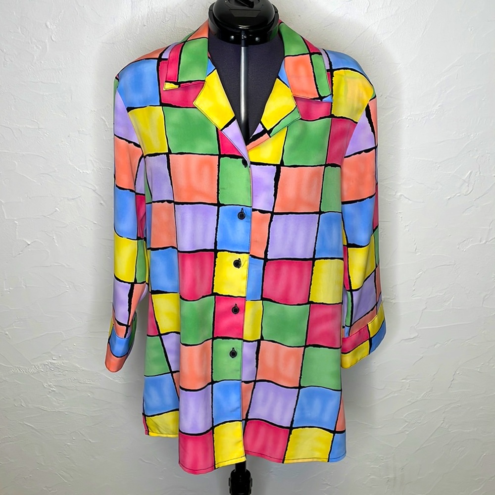 Notations Vintage Color Block Checkered 3/4 Sleeve Button Up Blouse.